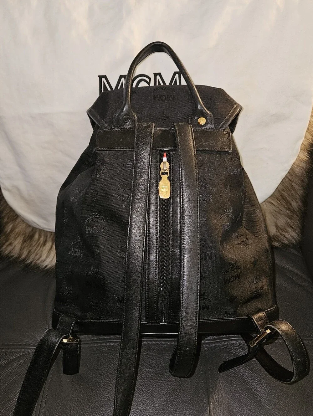 MCM Black Logo Drawstring Backpack with Gold Plaque